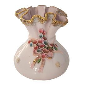 Vintage Lefton Pink Ruffled Vase Capodimonte Flowers Gold Trim